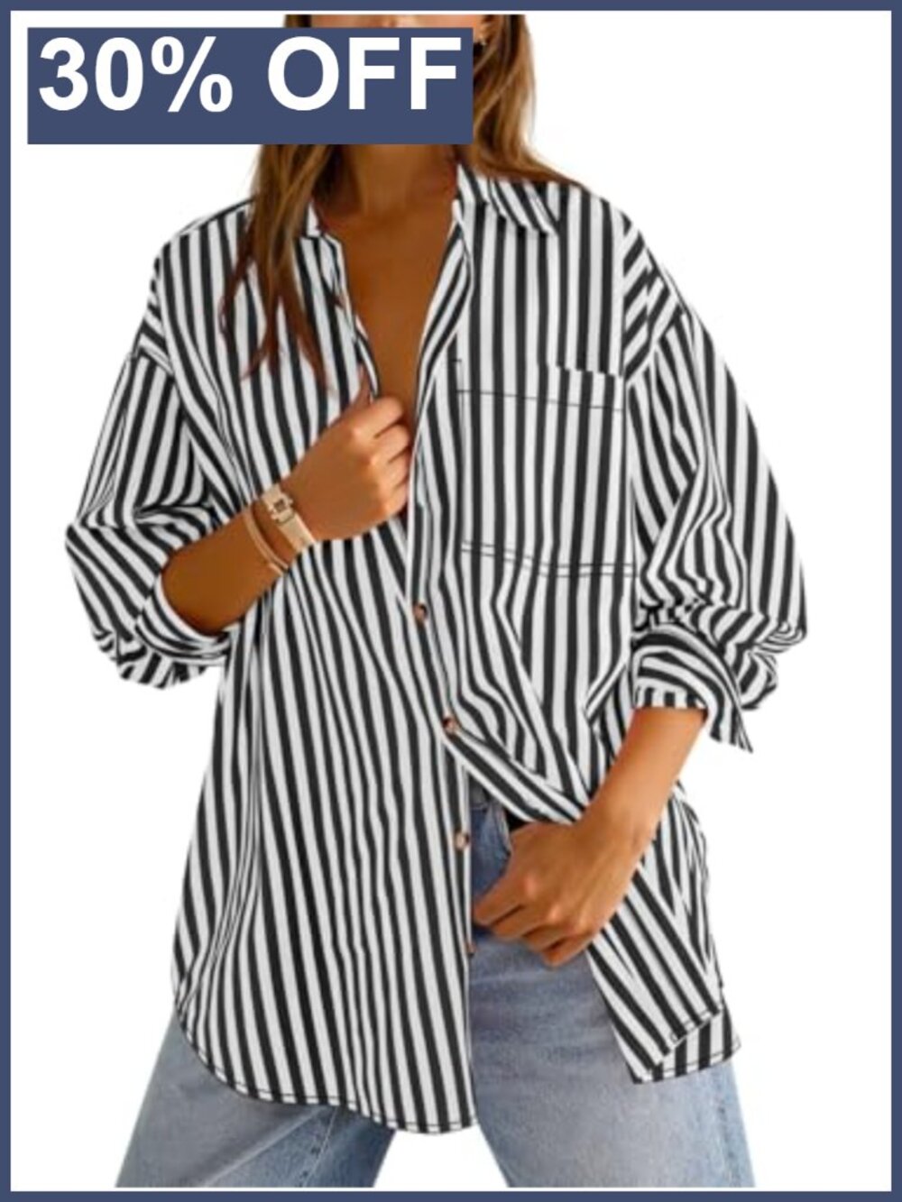 Oversized Striped Button Down Shirt Long Sleeve Collared Blouse